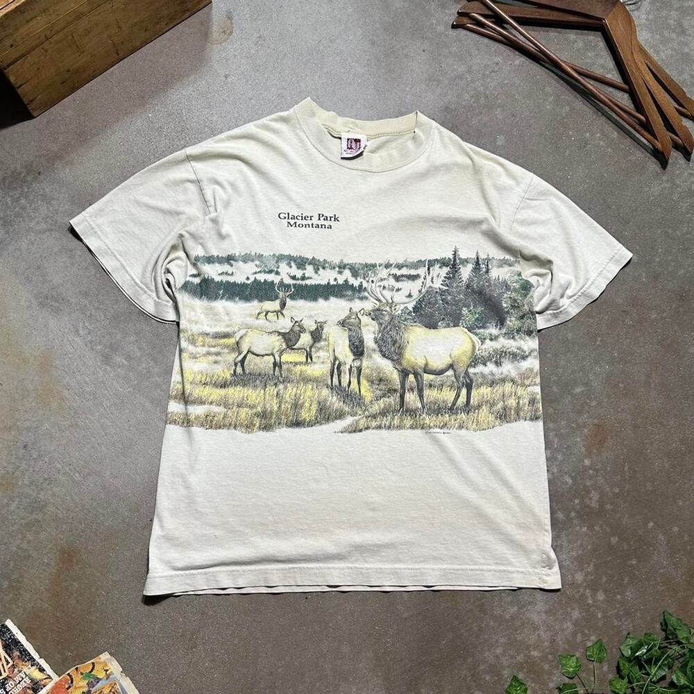 Vintage 90s Art Unlimited Elk Nature Animal Print AOP Tee Mens XL Tan Shirt